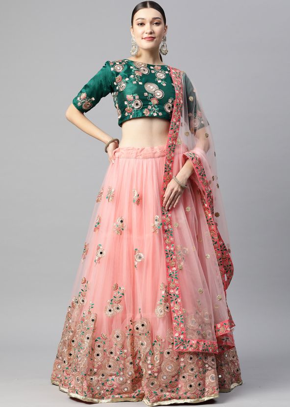 Peach Net Embroidered Lehenga Choli