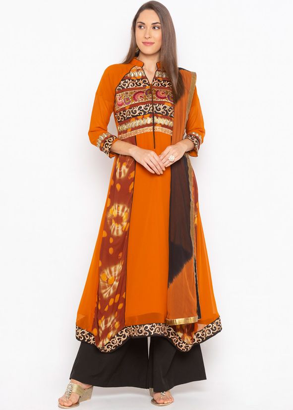 Readymade Orange Asymmetric Printed Palazzo Suit