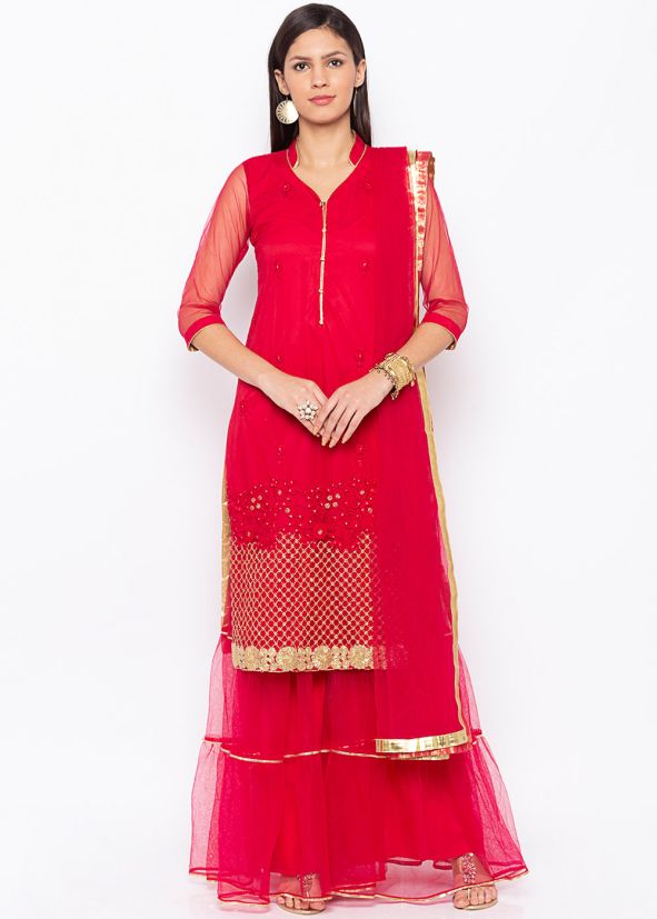 Readymade Red Embroidered Net Gharara Suit