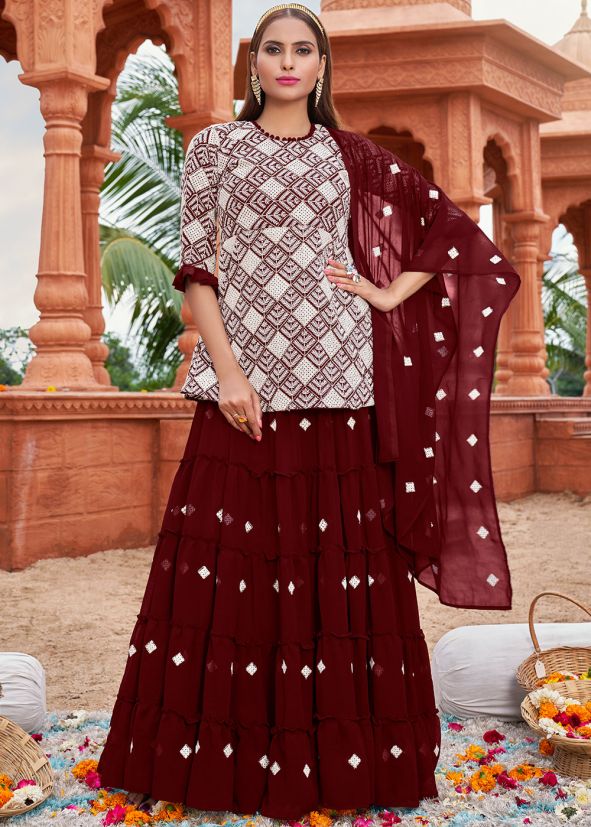 Maroon Kurti Style Lehenga Choli In Georgette