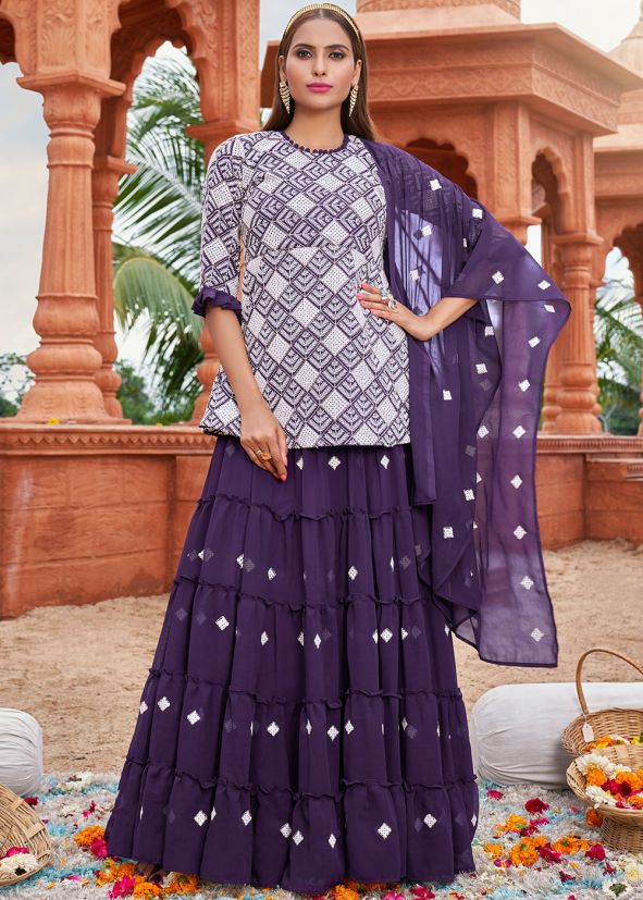 Purple Festive Kurti Style Lehenga In Georgette
