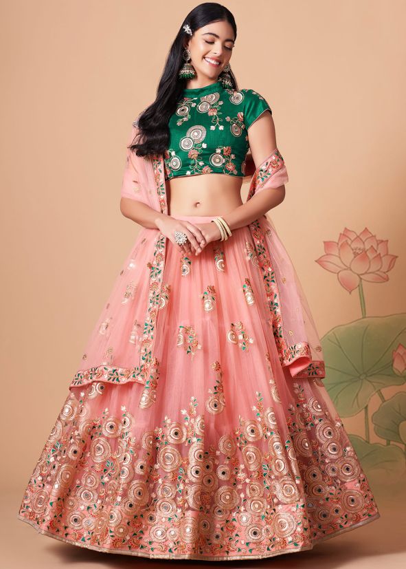 Peach Embroidered Net Lehenga Choli