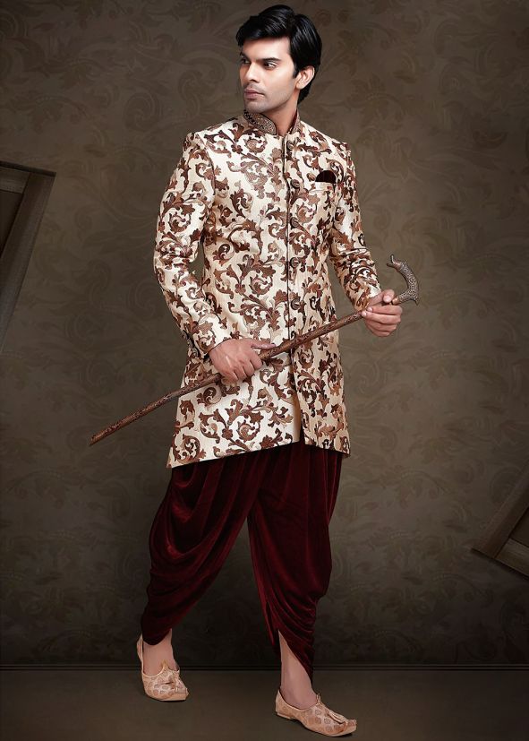 Cream Readymade Art Silk Indo Western Sherwani