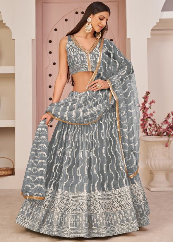Grey Net Sequins Embellished Lehenga Choli