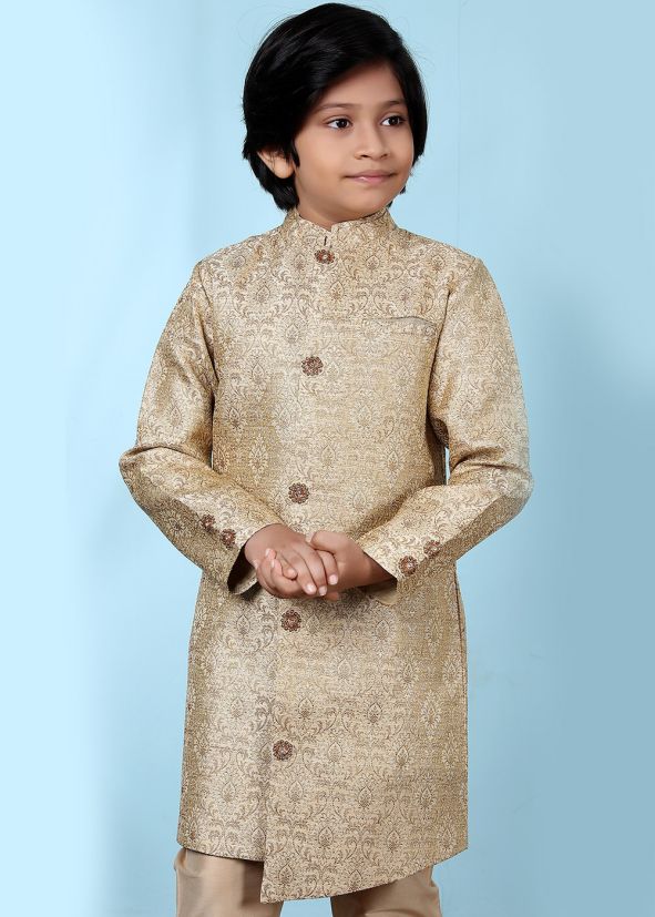 Woven Beige Kids Readymade Sherwani Jacket In Jacquard