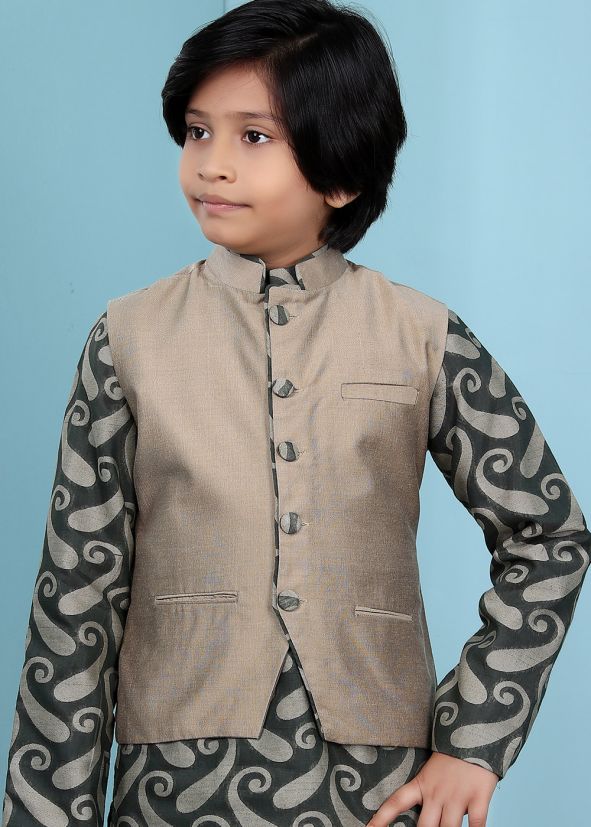 Brown Plain Readymade Nehru Jacket For Kids