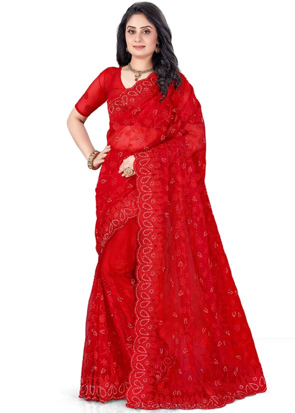 Red Heavy Border Embroidered Bridal Saree