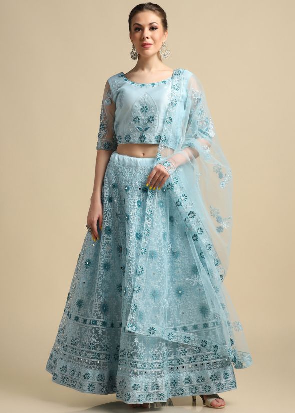 Blue Net Embroidered Lehenga Choli & Dupatta