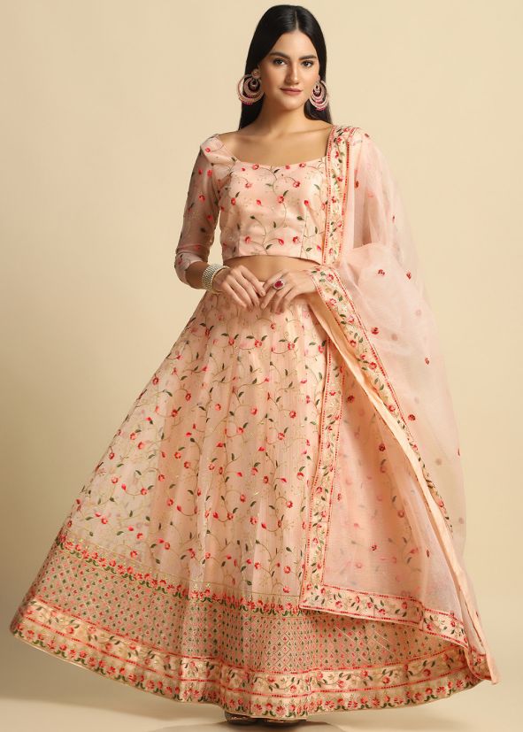 Peach Embroidered Lehenga Choli In Net