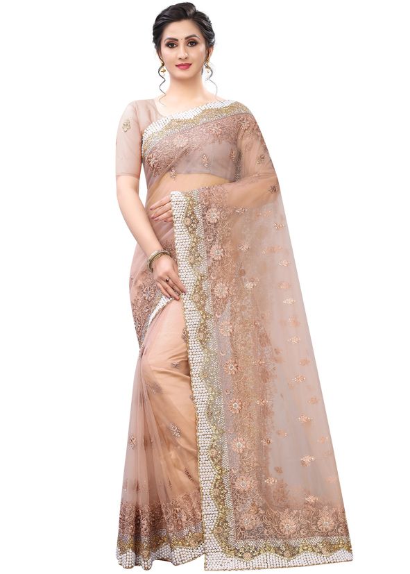 Peach Embroidered Net Heavy Border Saree 