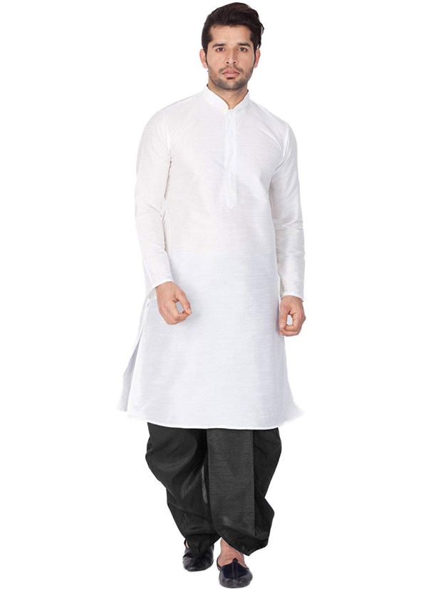 Readymade White Dupion Silk Kurta With Dhoti