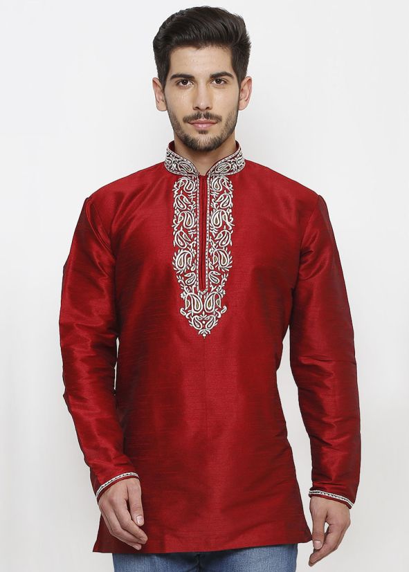 Readymade Red Dupion Silk Short Kurta