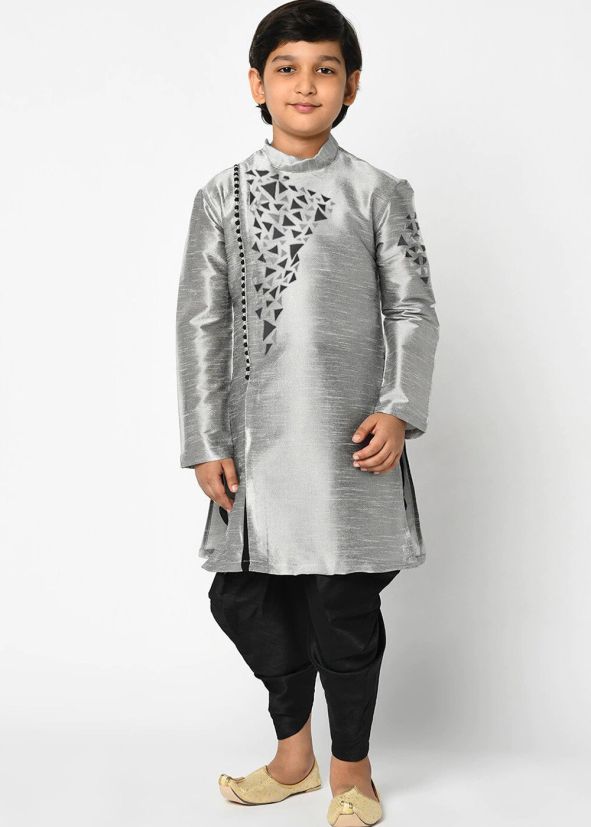 Grey Angrakha Style Readymade Kurta With Dhoti
