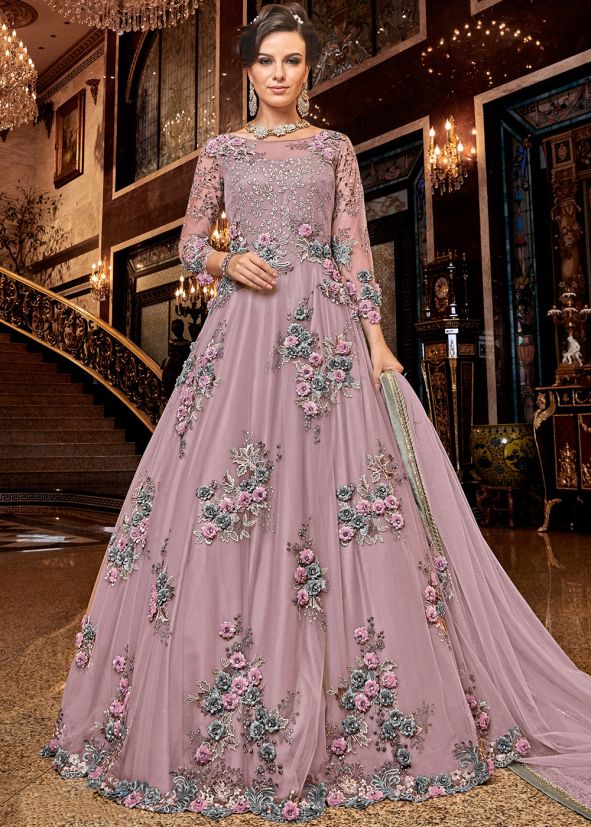 Mauve Purple Floral Embroidered Anarkali Salwar Kameez