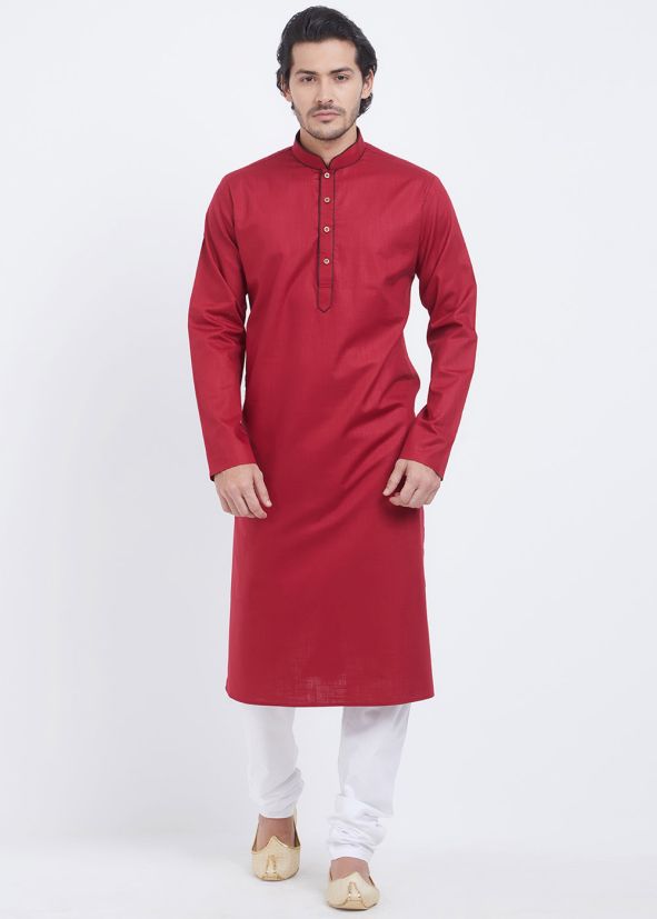 Red Linen Readymade Kurta With Churidar