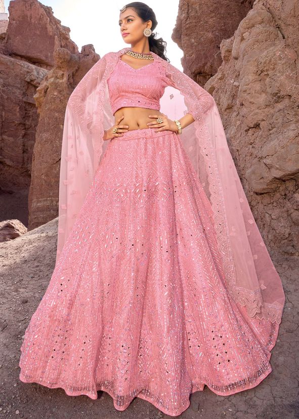 Pink Embroidered Lehenga Choli In Net