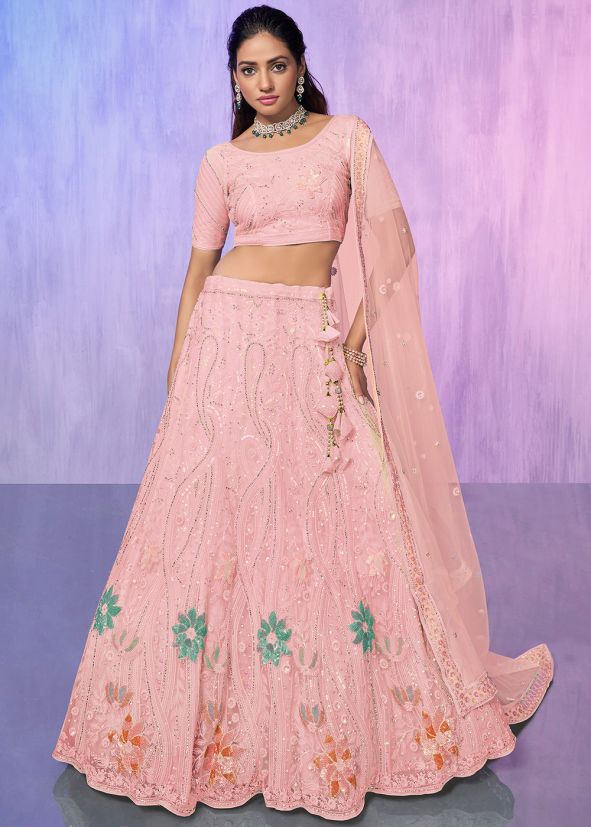 Peach Stone Embellished Net Lehenga Choli 