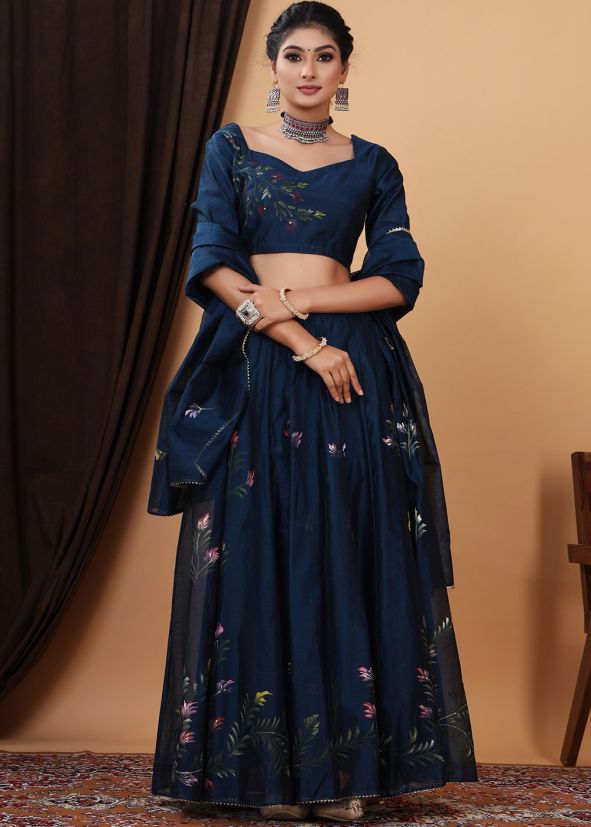 Teal Blue Chanderi Hand Painted Lehenga Choli