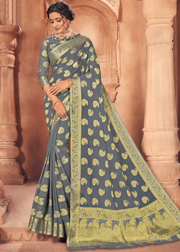 Grey Heavy Pallu Embroidered Saree In Silk