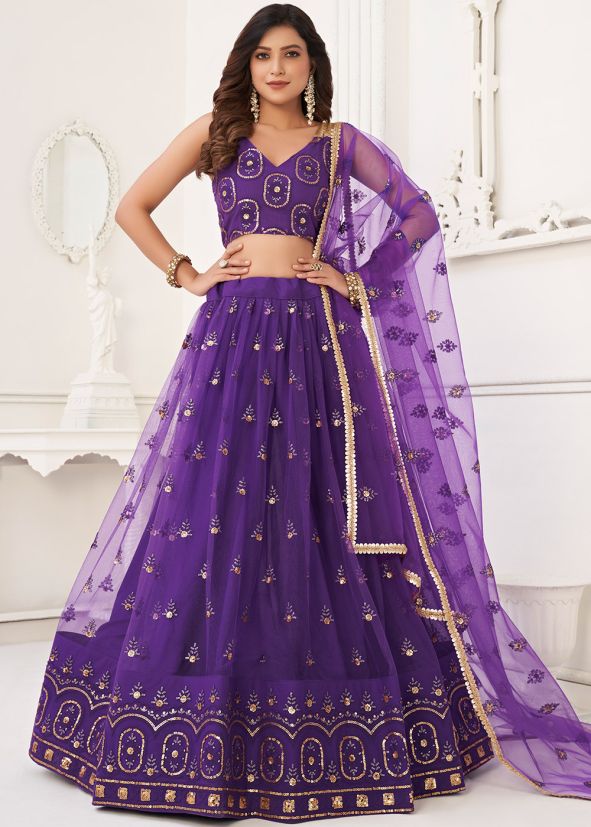 Purple Embroidered Lehenga Choli In Net