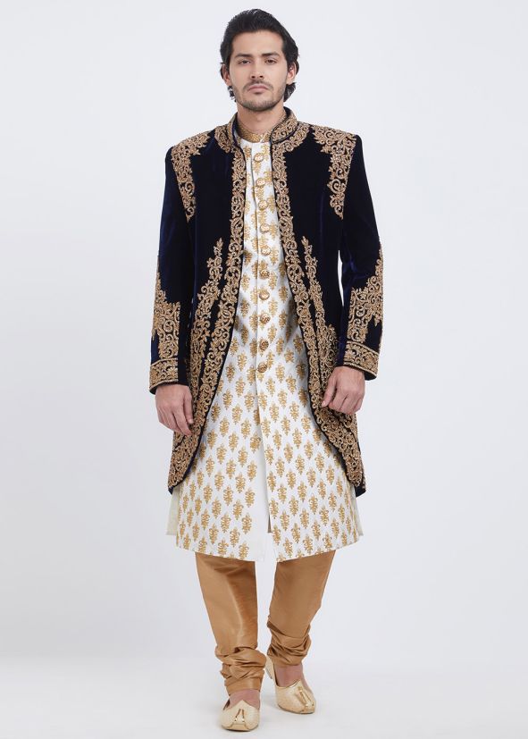 Cream Embroidered Indian Sherwani Set With Black Jacket