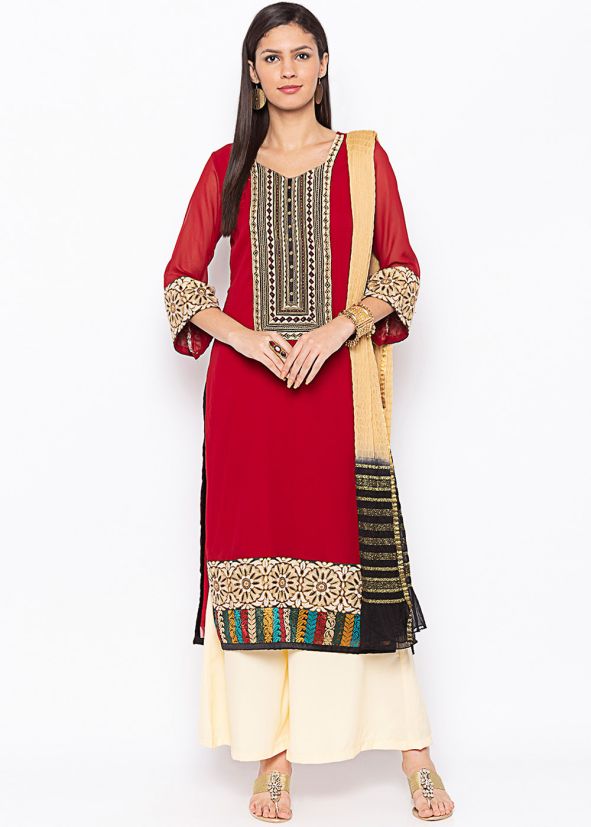 Red Embroidered Straight Cut Readymade Palazzo Suit