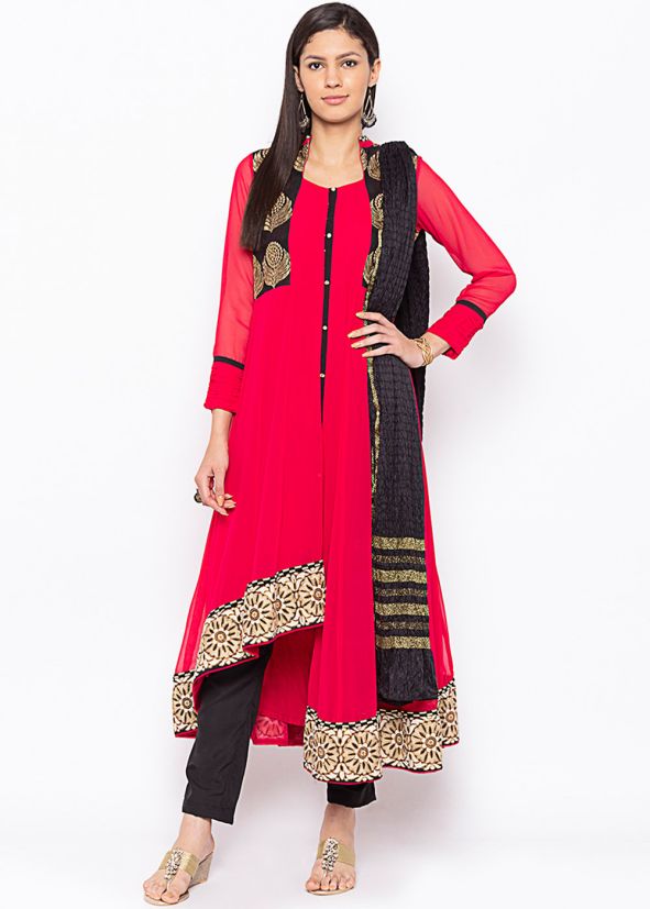 Red Asymmetric Readymade Pant Salwar Suit