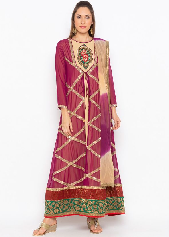 Pink Beige Readymade Embroidered Jacket Style Suit
