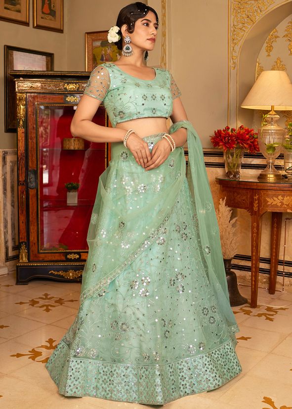 Green Embroidered Lehenga Choli In Net