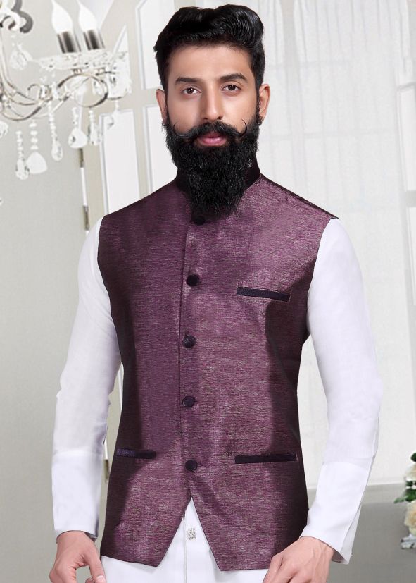 Readymade Linen Nehru Jacket In Purple