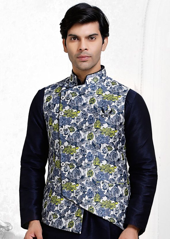 Art Silk Asymmetric Nehru Jacket In White