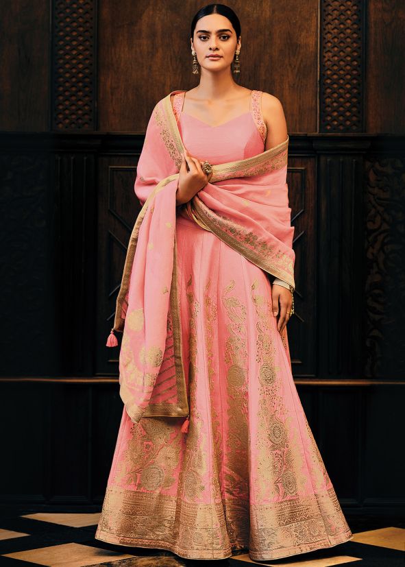 Coral Pink Viscose Lehenga Choli In Zari Woven Work