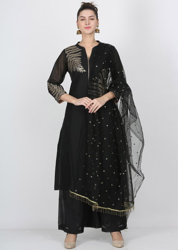 Black Embroidered Readymade Chanderi Palazzo Suit