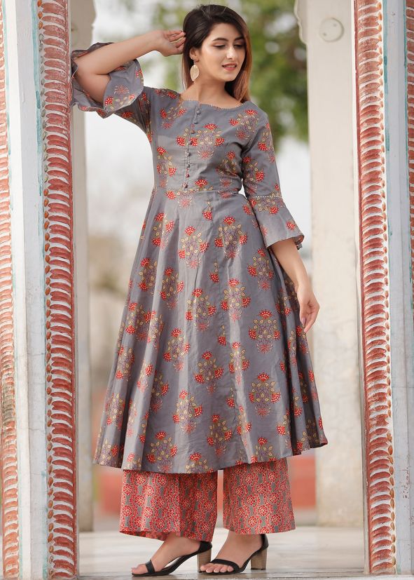 Grey Floral Block Printed Bell Sleeved Kurta Set