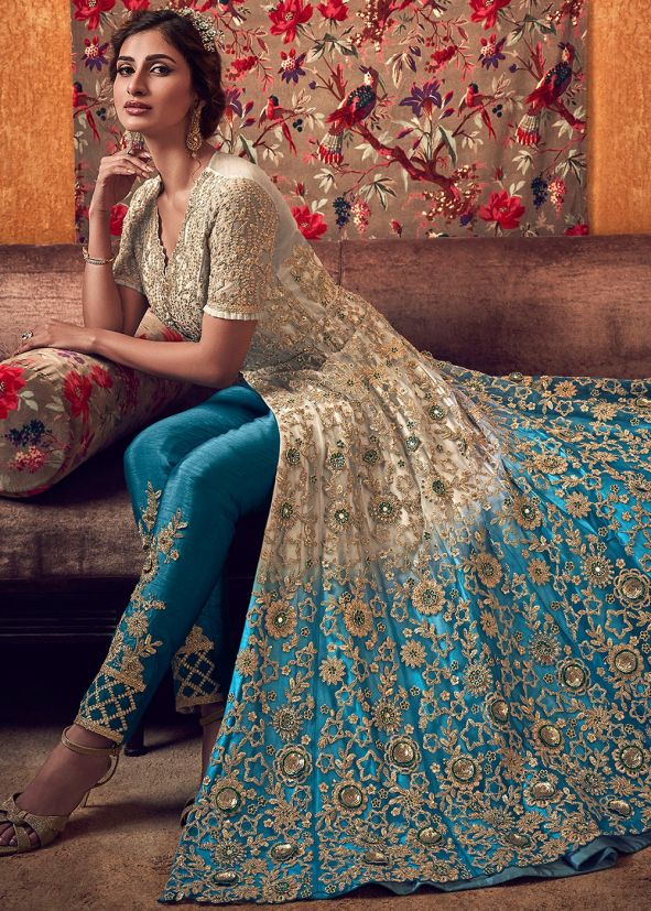 Beige Shaded Embroidered Front Slit Pant Salwar Suit