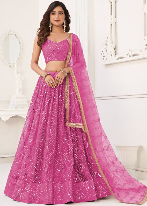 Pink Sequin Embellished Lehenga Choli In Net