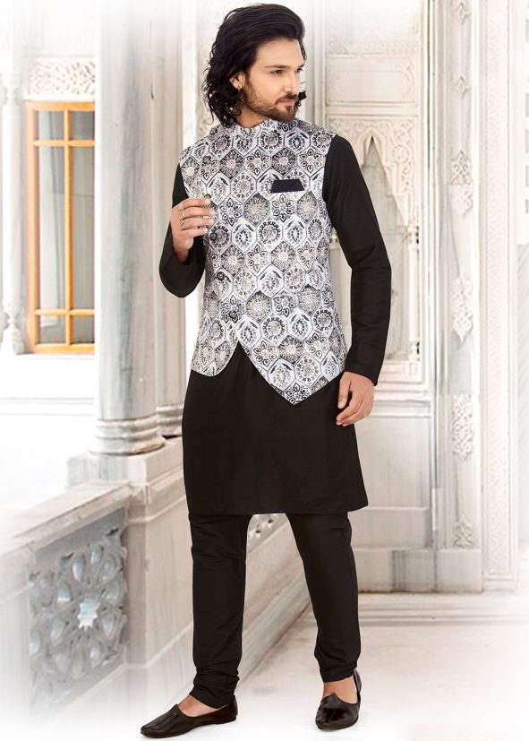 White Asymmetric Art Silk Jacquard Nehru Jacket