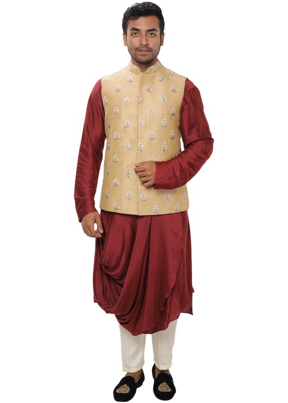Maroon Cowl Kurta Pant Set With Nehru Jacket