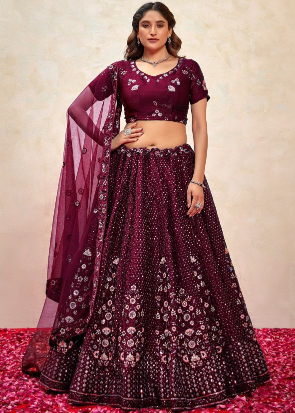 Wine Embroidered Art Silk Lehenga Choli