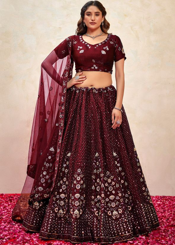 Maroon Resham Work Lehenga Choli In Art Silk