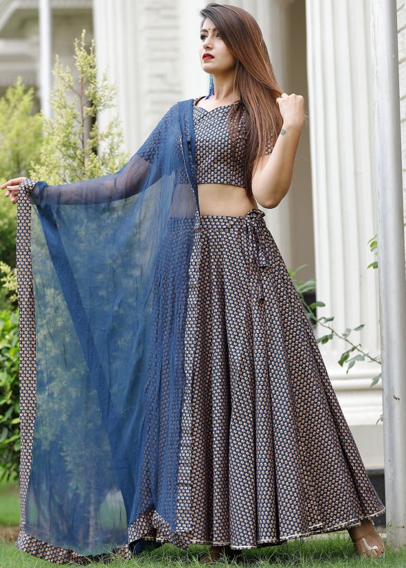 Latest Navy Blue Floral Block Printed Indian Readymade Lehenga Choli Online Shopping