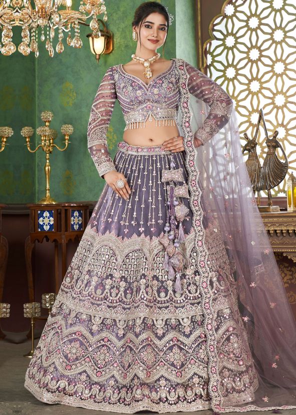 Purple Embroidered Net Lehenga Choli With Dupatta
