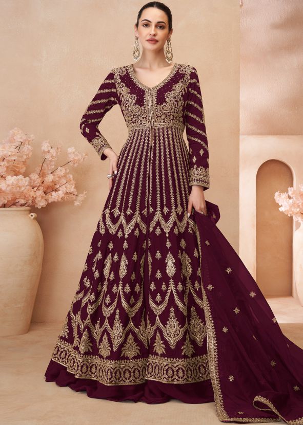 Wine Embroidered Slitted Kurti Style Lehenga In Chiffon