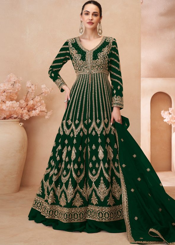 Green Embroidered Chiffon Slit Kurti Style Lehenga