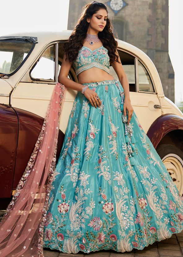 Turquoise Satin Embroidered Lehenga Choli