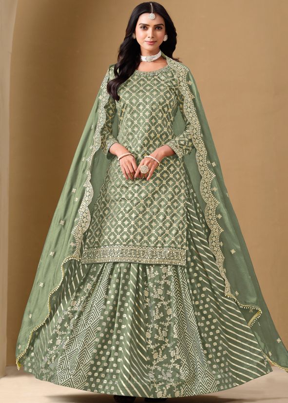 Green Embroidered Kurti Style Lehenga Choli