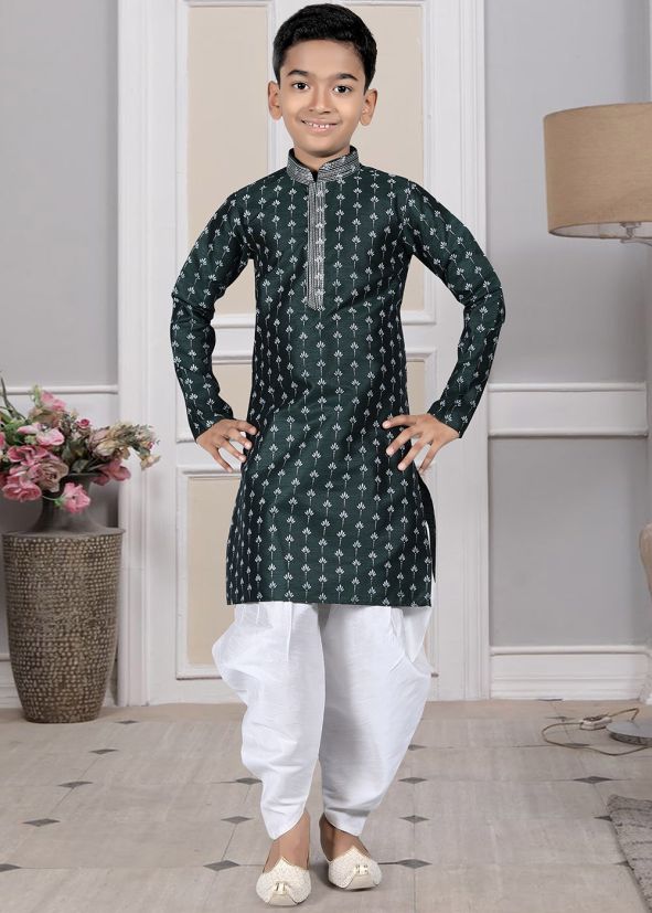 Readymade Green Color Art Silk Kids Dhoti Kurta