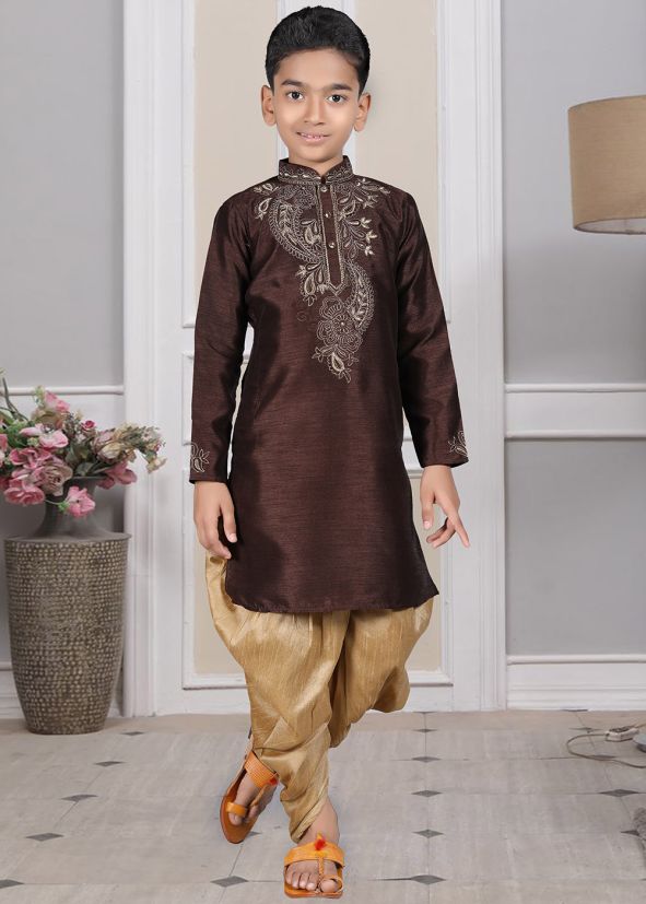 Readymade Brown Color Art Silk Kids Dhoti Kurta