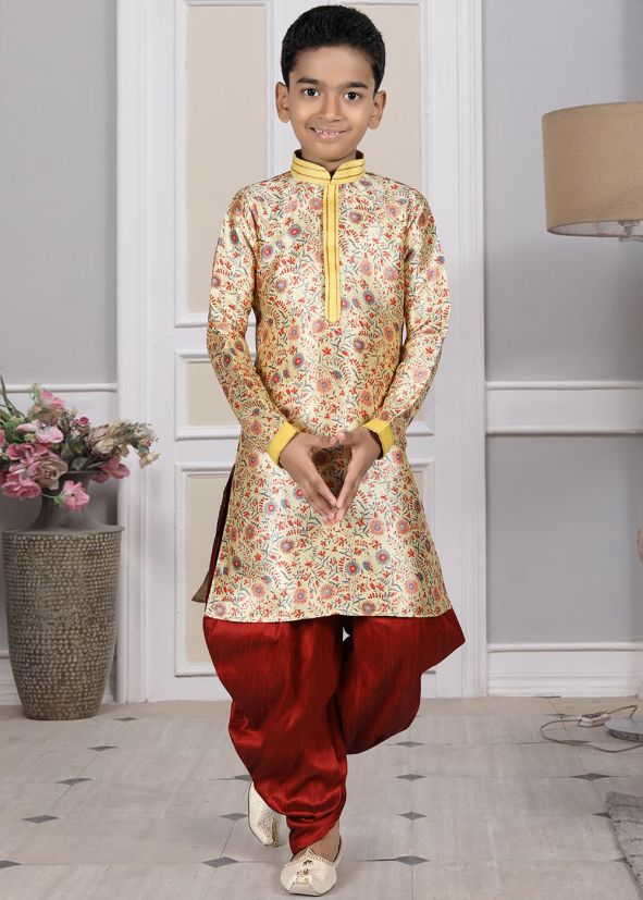 Readymade Golden Color Art Silk Kids Dhoti Kurta