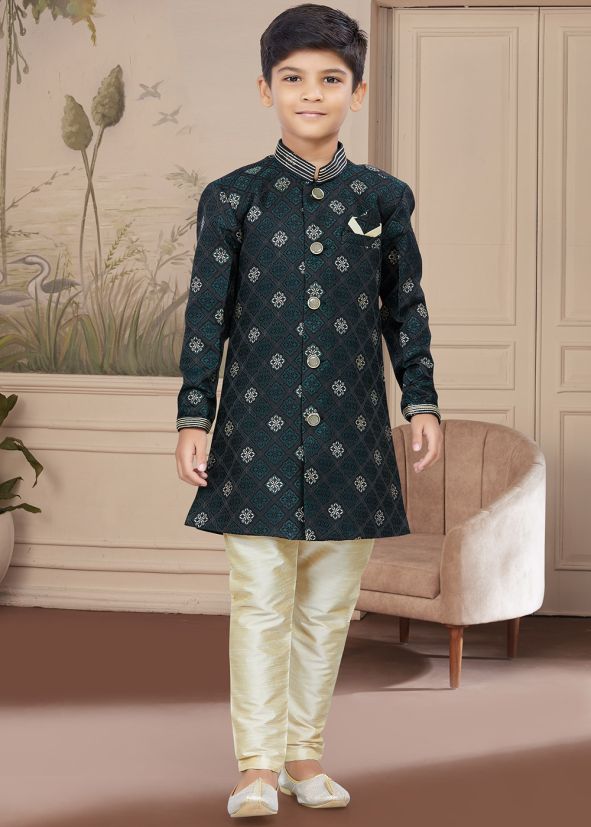 Green Readymade Kids Embroidered Sherwani Set